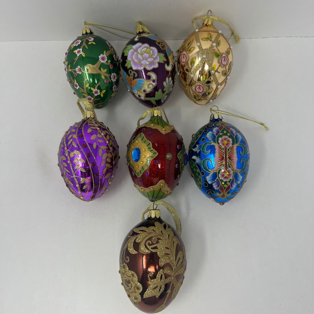 Joan Rivers Glass Egg Christmas Ornaments 7pc Multicolor Hand Painted Gemstone